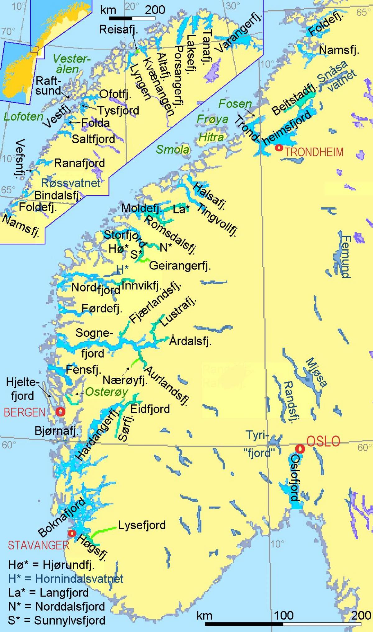 карта на Норвешка покажуваат fjords